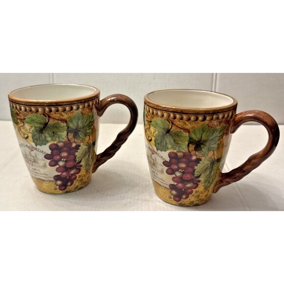Susan Winget Certified International Gilded Wine (2) Mugs Grapes Vineyard Discon - Picture 1 of 7